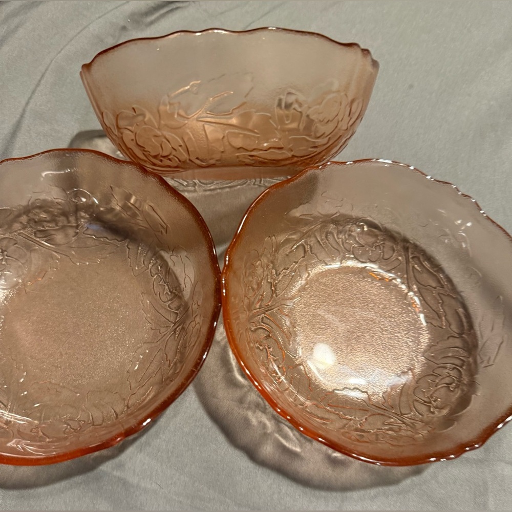 3 Arcoroc floral pattern pink, glass bowls. 6” France